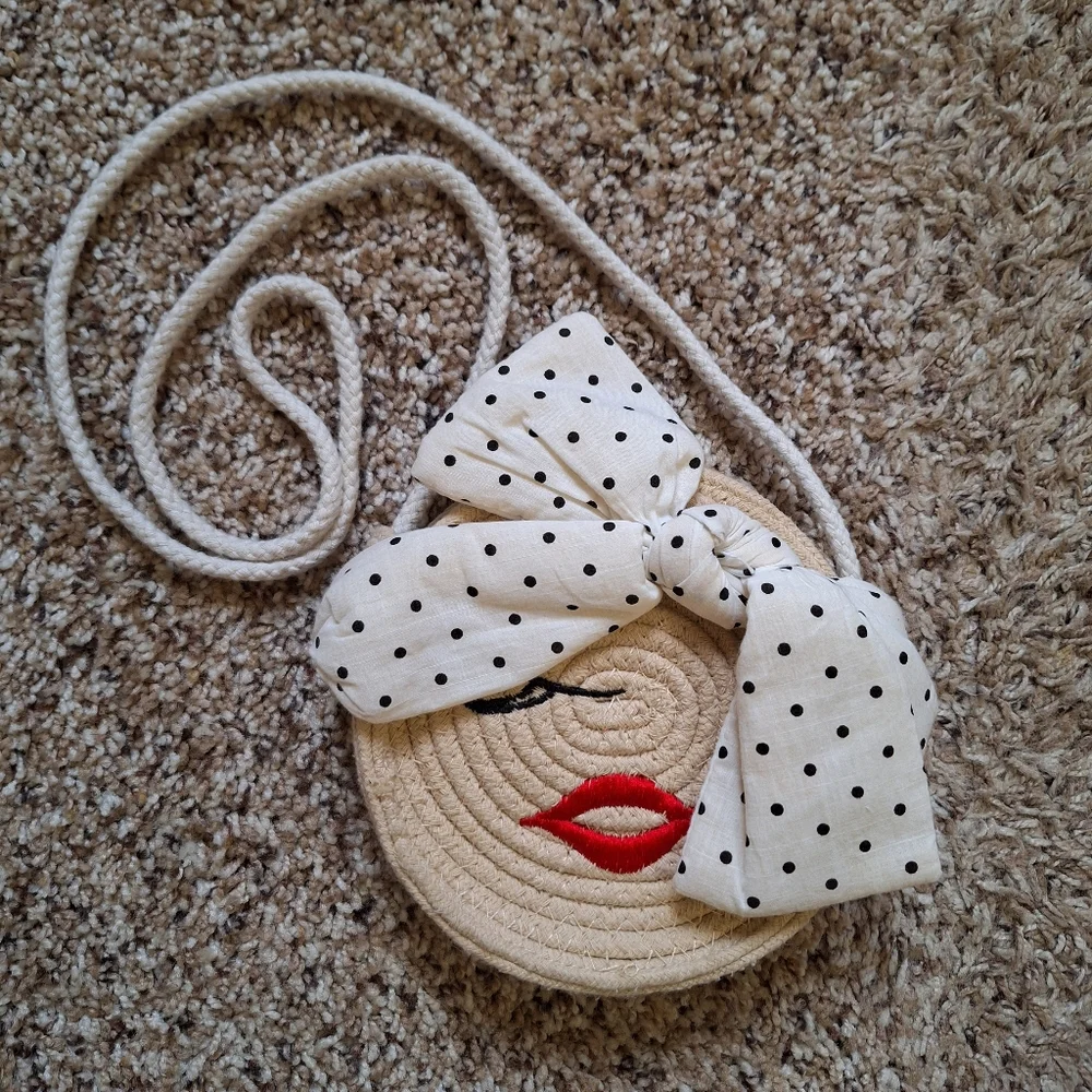 Zara Girls Whimsical Woven Straw Face Crossbody Bag